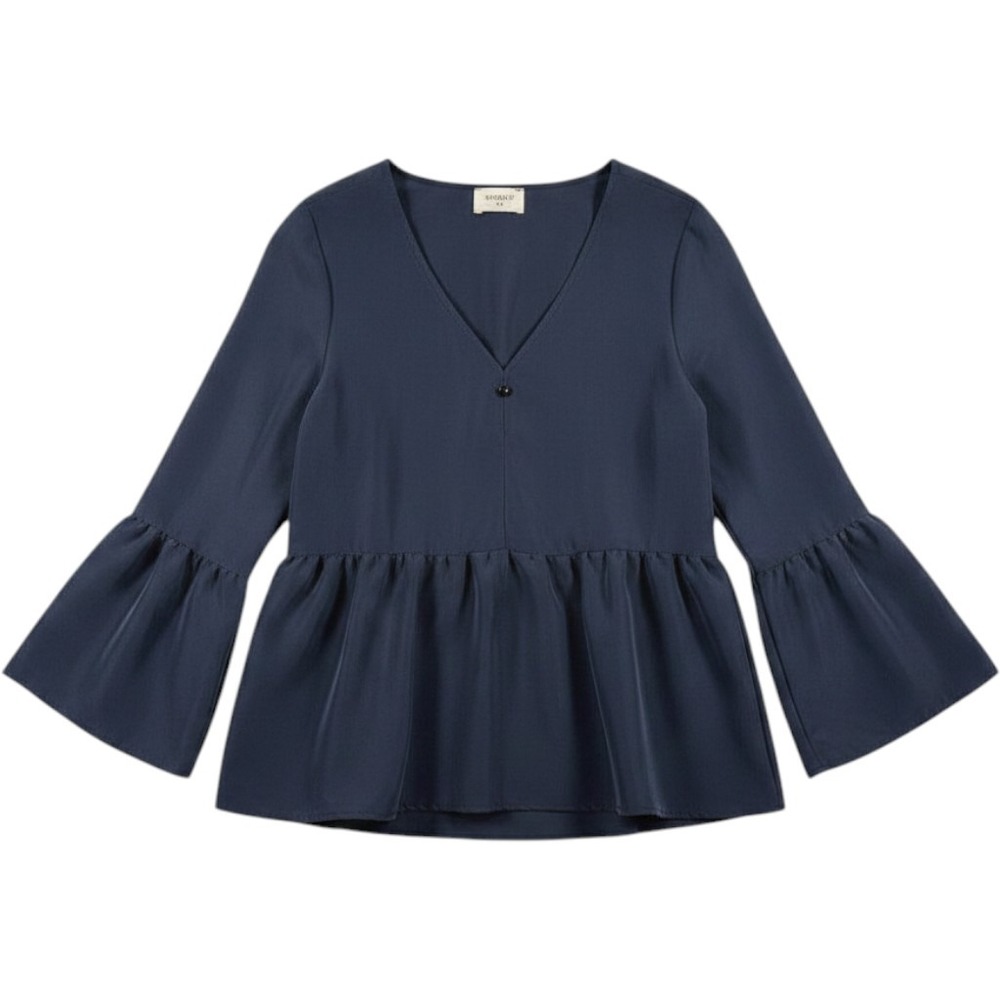 Everly Navy Peplum Blouse M Cottagecore Bell Sleeve‎ Romantic Feminine